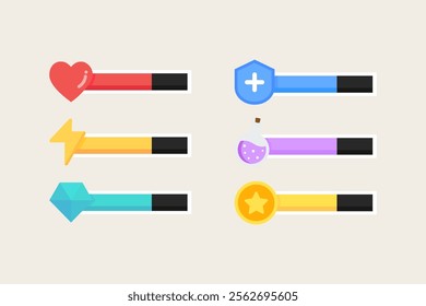 Video game bar template set. Heart, energy, diamond, shield, potion, coin half level indicator. Gaming, interface, menu concepts. Flat decorative vector design isolated illustration.