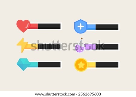 Video game bar template set. Heart, energy, diamond, shield, potion, coin low level indicator. Gaming, interface, menu concepts. Flat decorative vector design isolated illustration.
