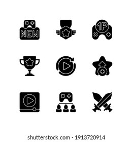 Iconos de glifos negros de videojuegos en espacio blanco. Diferentes modos de videojuego y elementos de interfaz símbolos de silueta. Varios signos de menú para el diseño moderno de la interfaz de usuario del reproductor. Ilustraciones aisladas de vectores