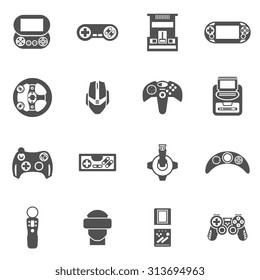 Video game black icons set with joystick console and other gadgets isolated vector illustration