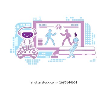 Video Game Bot Thin Line Concept Vector Illustration. Male Gamer Playing With Computer 2D Cartoon Character For Web Design. Multiplayer Option, Automated Non Player Creative Idea