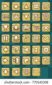 Video game button collection with medieval wood theme