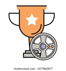 video game car wheel control with trophy cup vector illustration design