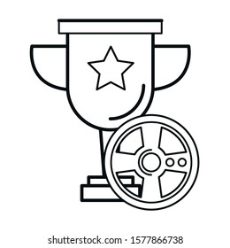 video game car wheel control with trophy cup vector illustration design