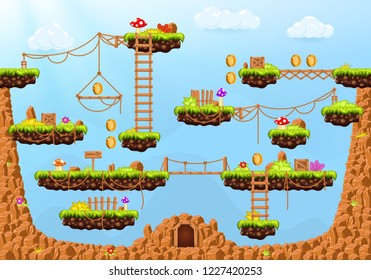 Video game. Cartoon elements and objects for computer game. Template for construction game level. Background for arcade game. Vector illustrator.