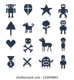 Video game cartoon pixel avatar characters black icons set isolated vector illustration.