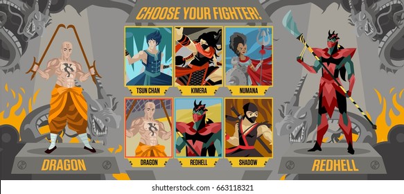 Video Game Character Screen. Fighting Video Game, Choose Fighters Interface.