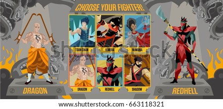 Video game character screen. Fighting video game, choose fighters interface.