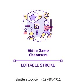 Video game characters concept icon. Video game design components. Match the characters name with theme. Creation idea thin line illustration. Vector isolated outline RGB color drawing. Editable stroke