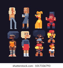 Video game characters set. Girls, man fighter, sports afro american and dog. Pixel art style. Avatar profile. Game assets. 8-bit. Stickers design. Isolated vector illustration.