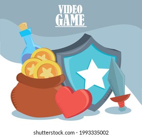 escudo de monedas y espada de videojuegos