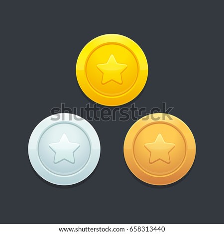 Video game coins or medals set. Gold, silver and bronze. Graphic user interface design element, vector illustration.