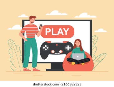 Video game concept. Boy with joystick and girl with laptop at home. Friends rest after studying with gadgets and devices. Modern entertainment and digital world. Cartoon flat vector illustration