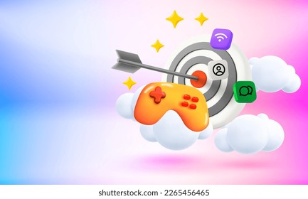 Video game concept with darts and gamepad. 3d vector banner with copy space