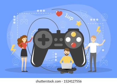 Video game concept. Idea of entertainment and fun. Big console for digital playing. Vector illustration in cartoon style