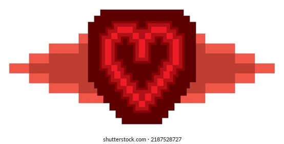 Video Game concept of pixelated red heart view, with spot like red blood in pixel art style.