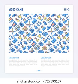 Video game concept with thin line icons: gamer, computer games, pc, headset, mouse, game controller. Modern vector illustration for banner, web page, print media.