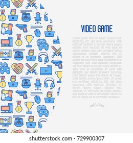 Video game concept with thin line icons: gamer, computer games, pc, headset, mouse, game controller. Modern vector illustration for banner, web page, print media.