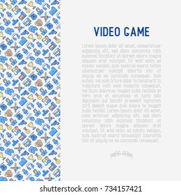 Video game concept with thin line icons: gamer, computer games, pc, headset, mouse, game controller. Modern vector illustration for banner, web page, print media.