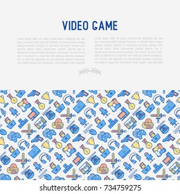 Video game concept with thin line icons: gamer, computer games, pc, headset, mouse, game controller. Modern vector illustration for banner, web page, print media.