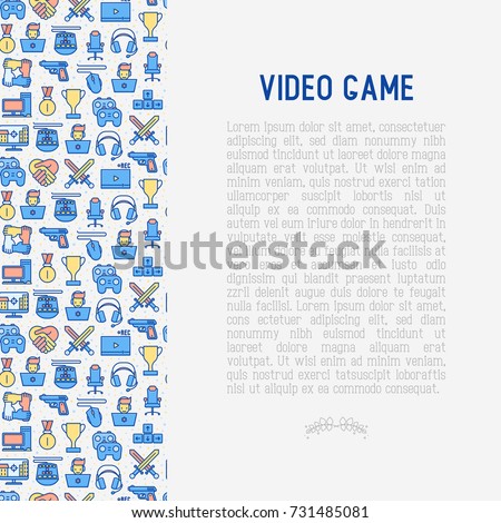 Video game concept with thin line icons: gamer, computer games, pc, headset, mouse, game controller. Modern vector illustration for banner, web page, print media.