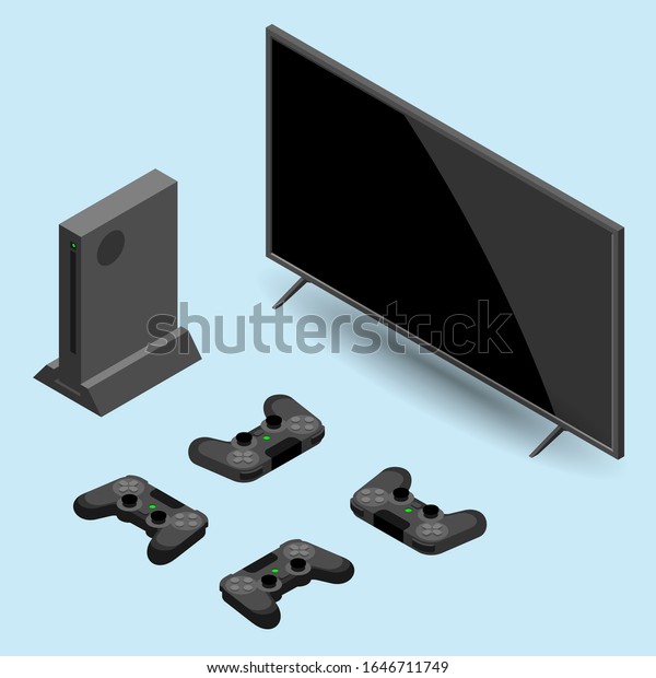 Video game console and controller connect with\
4 players with smart tv isolated isometric vector illustration.\
Large screen television with videogame console, joystick connected\
via wifi internet.