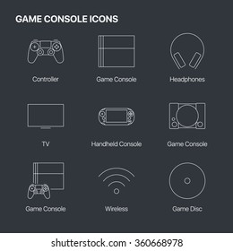 Video game console controller linear icons set. Outlines, thin line, stroke icon devices.