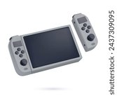 Video game console, joy con controller. Screen attachment for playing videogame. Joycon accessory, device, gadget attached to display. 3D vector illustration isolated on white background