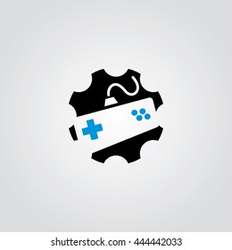 video game console joystick cog setting service logo art theme vector illustration