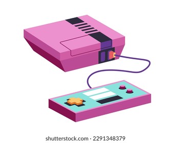 Video game console with joystick or controller with buttons and wire. Isolated retro or old school games for entertainment and fun. Gadgets and rest for children and adults. Vector in flat style