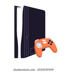 Video game console with joystick icon. Modern videogame device with controller. Cybersport equipment to play. Digital toys for gamers, players. Flat isolated vector illustration on white background