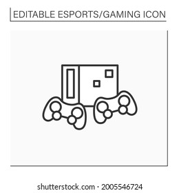 Video game console line icon. Electronic gaming console and wireless joysticks. Control column. Online playing with friends. Esports concept. Isolated vector illustration.Editable stroke