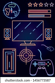 Video game console neon signs set, joystick, monitor, display, target, map. Entertainment. Night bright neon sign, light banner. Vector illustration cartoon