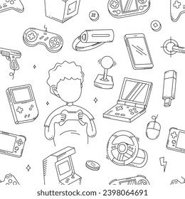 Video game console outline doodle seamless pattern background
