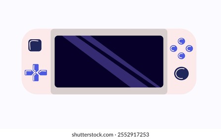 Video Concepto de juego portátil de consola de juegos. Aislamiento de Ilustración vectorial de gamepad sobre fondo blanco. Concepto de entretenimiento y accesorios. Parche de moda, insignia, emblema para el Web y el Diseño gráfico móvil