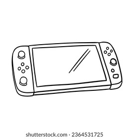 Video game console with switch detachable controllers on both sides and touch screen. Gamepad vector line doodle sketch isolated on white background.