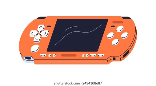 Video game console. Videogame controller, gamepad device of 00s. 2000s consol, joypad, gamers electronic gadget with screen, buttons. Flat vector illustration isolated on white background