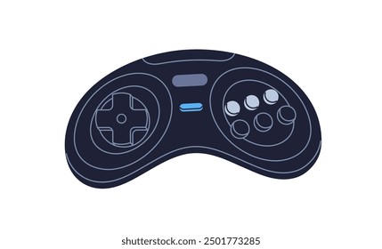 Video game console, videogame controller. 2000s gamepad, playing device. Retro nostalgic gaming joypad, gamers play station with action buttons. Flat vector illustration isolated on white background.