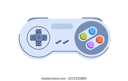 Videospiel-Controller der 90er und 90er Jahre. Retro Play Station. Videospielkonsole, nostalgisches Spielzubehör mit Tasten. Nostalgische Joypad. Flache Vektorgrafik einzeln auf weißem Hintergrund.