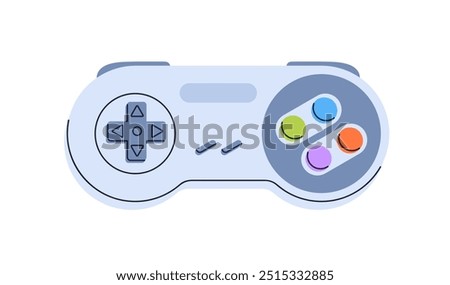 Video game controller of 90s and 00s. Retro play station. Videogame console, nostalgic gaming accessory with buttons. Nostalgic joypad. Flat vector illustration isolated on white background.