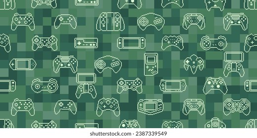 Videospiel-Controller-Hintergrund Gadgets und Geräte nahtlos grünes Muster Pixel Art Stil