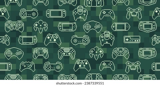 Video game controller background Gadgets and devices seamless green pattern Pixel Art style