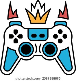 A video game controller with a crown on top and flames coming out of it. The controller is white and blue