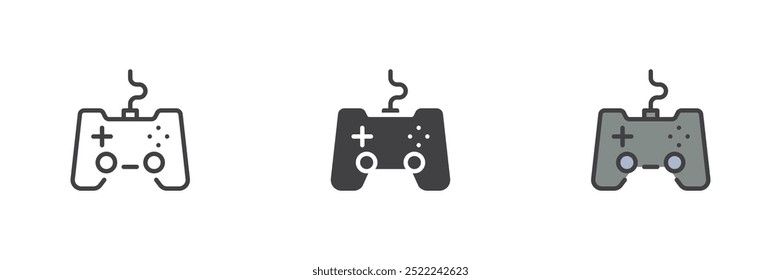 Conjunto de ícones de estilo diferente do controlador de videogame. Linha, glifo e preenchido esboço versão colorida, contorno e sinal de vetor preenchido. Símbolo de ícone de vetor do Gamepad, ilustração de logotipo. Gráficos vetoriais