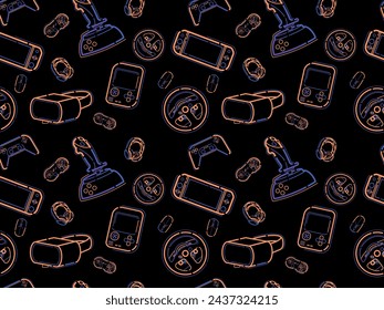 Video game controller gamepad background Gadgets and devices seamless pattern Modern Game Console Controllers Seamless Pattern, Video Game Players Accessory Devices Background, Banner, Textile.