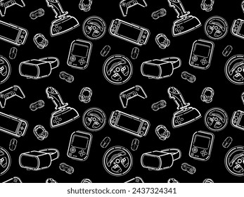 Video game controller gamepad background Gadgets and devices seamless pattern Modern Game Console Controllers Seamless Pattern, Video Game Players Accessory Devices Background, Banner, Textile