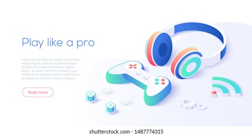 Video Game Controller And Headphones Set In Isometric Vector Illustration. Videogame Console Joystick Connected Via Wi-fi Internet. Web Banner Layout Template For Website Or Social Media.