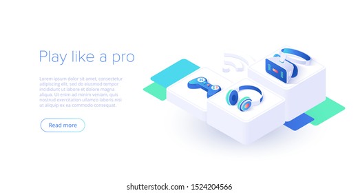 Video game controller and headphones set in isometric vector illustration. Videogame console joystick connected via wi-fi internet. Web banner layout template for website or social media.