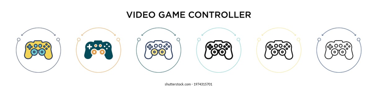 Video game controller icon in filled, thin line, outline and stroke style. Vector illustration of two colored and black video game controller vector icons designs can be used for mobile, ui, web