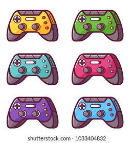 Video game controller icon. Joystick wireless gadget set. Colorful gamepad in flat design. Computer joy device in line art.